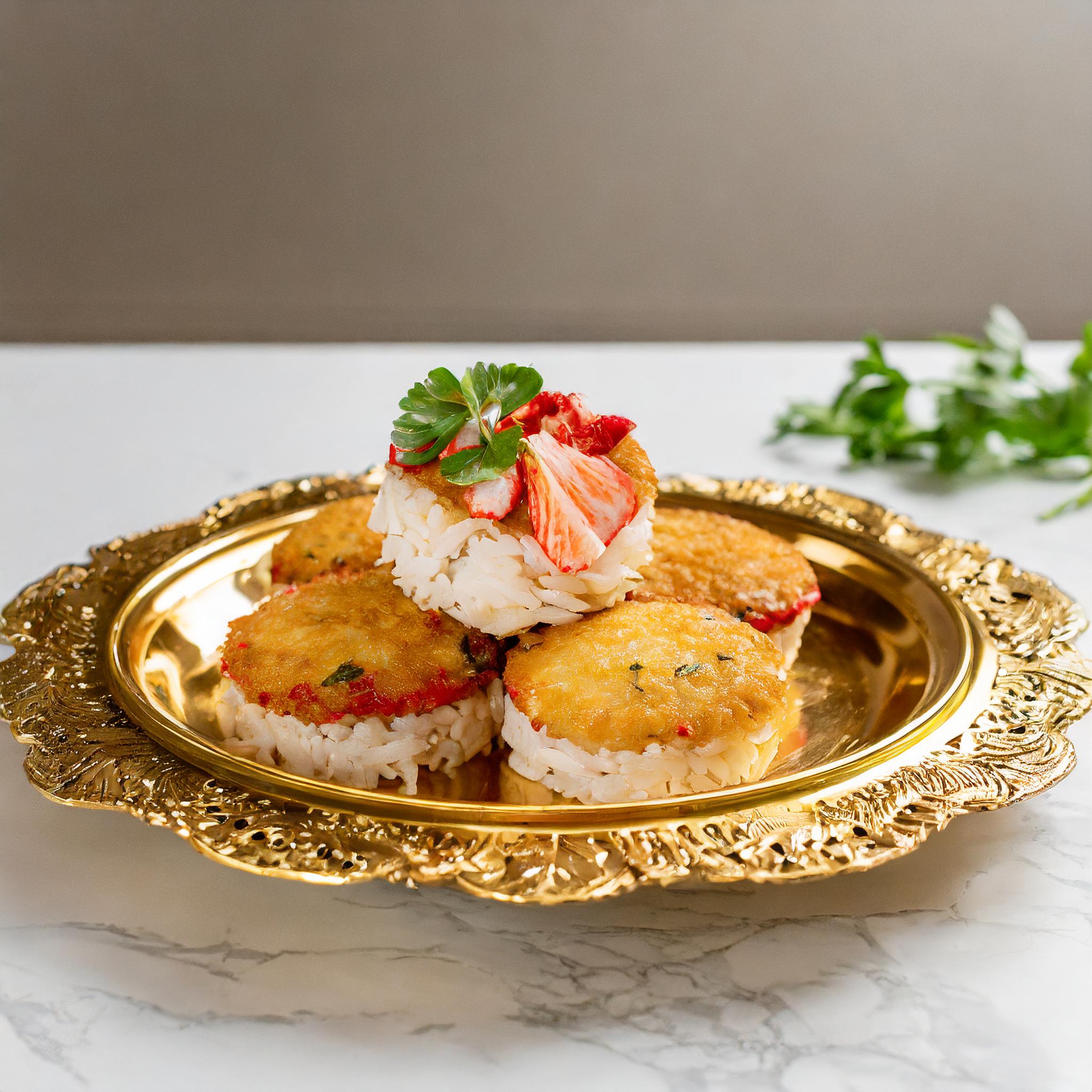 Crab cakes on a gilded golden platter.