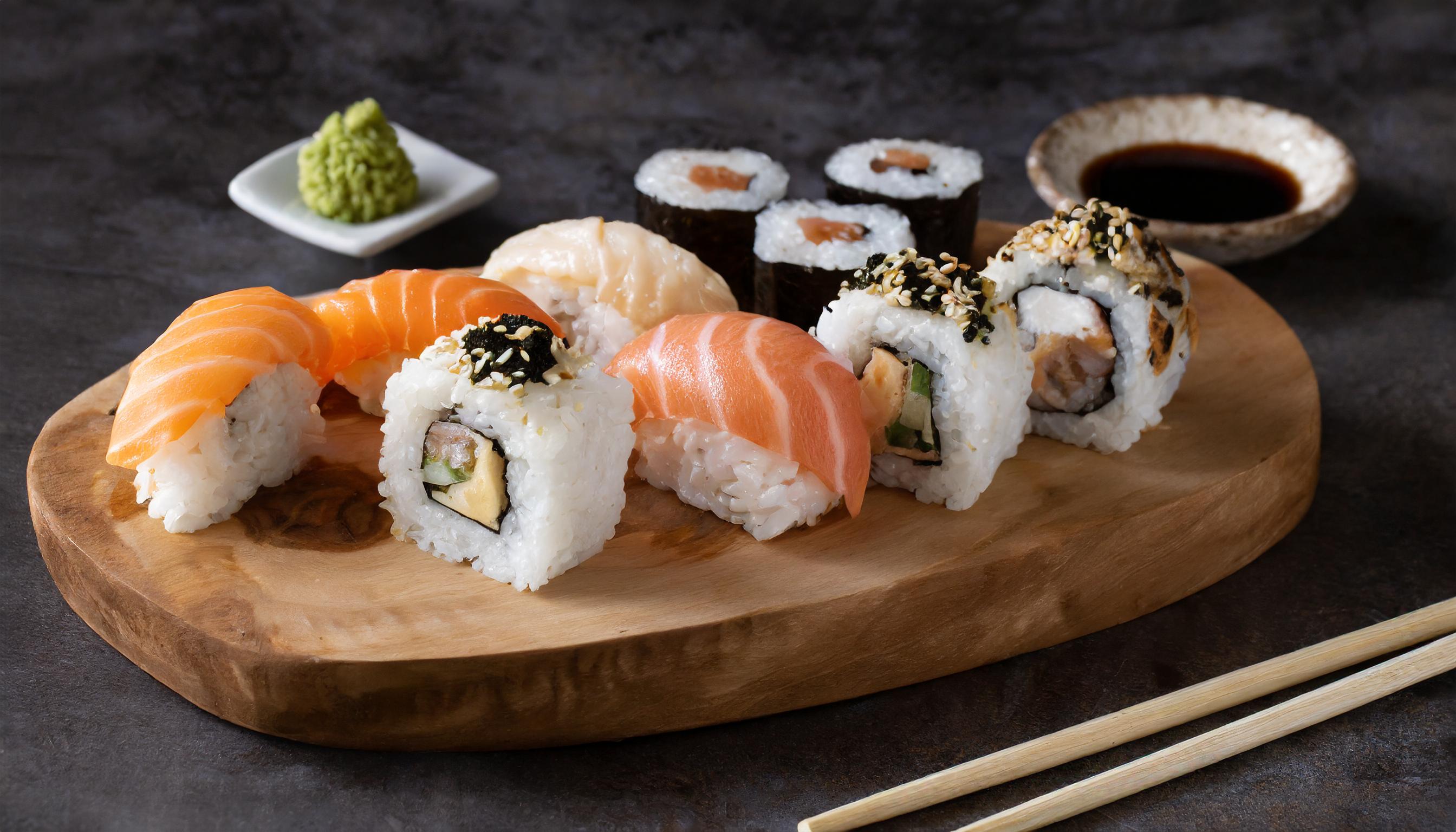 Sushi on arranged fancifully on a wooden platter.