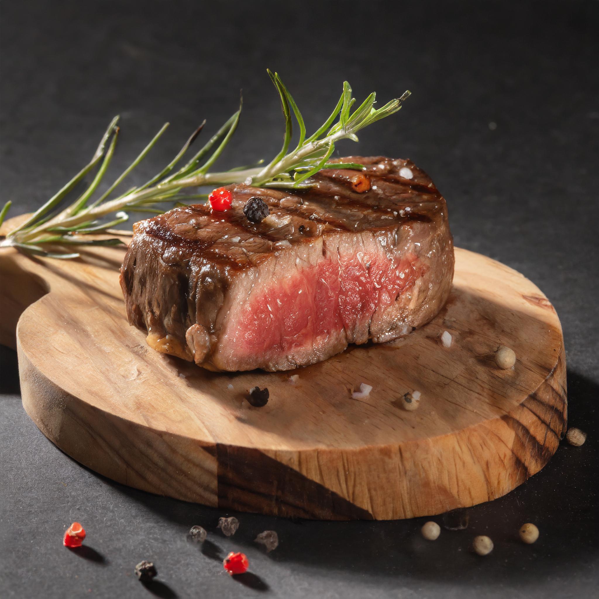 Steak sirloin with seasoning and herbs on a wood block.