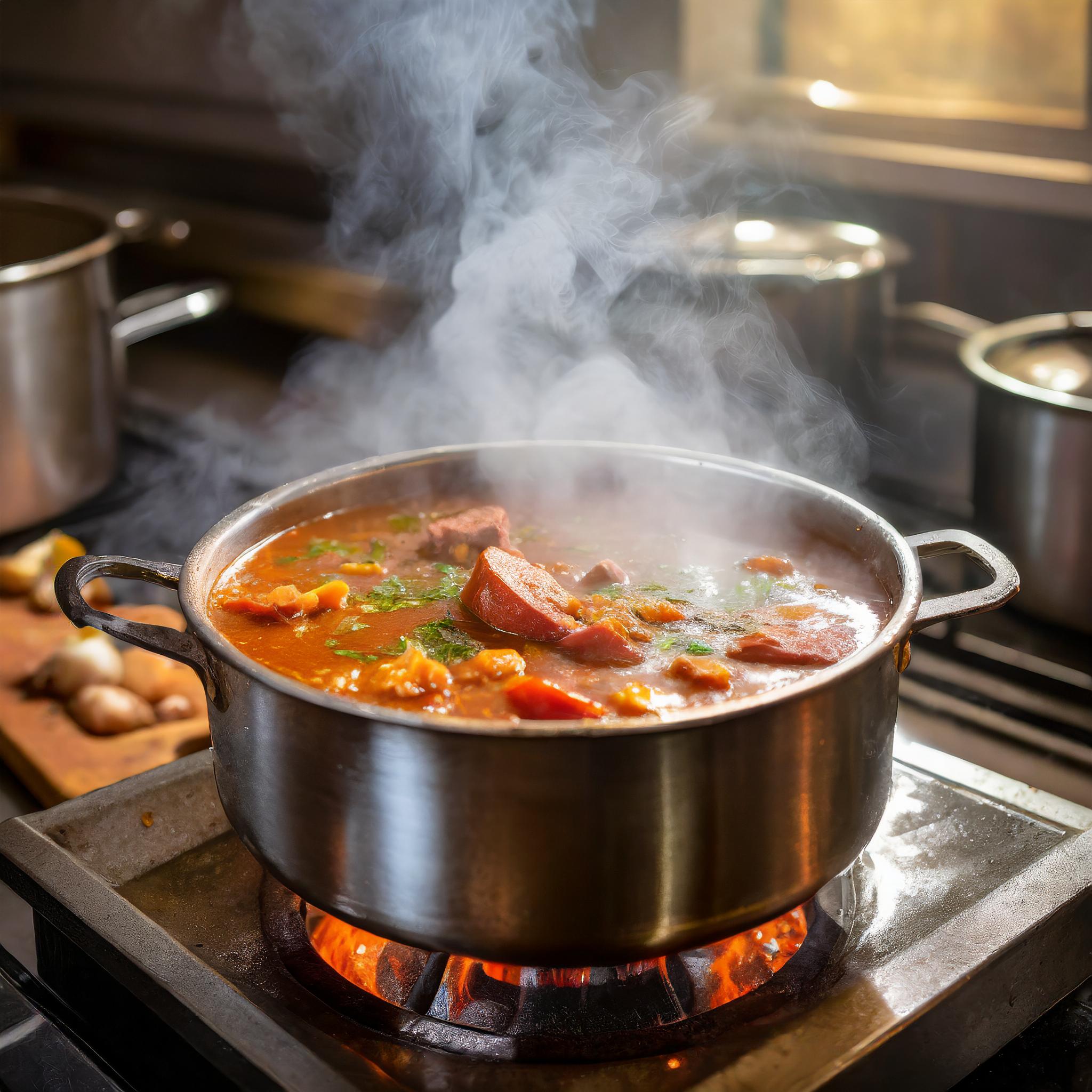 A steaming pot of Gumbo.